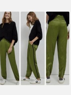 Anthropologie Womens Moss Green Diandra Pleated Side Stripe Jogger Pants Size 2
